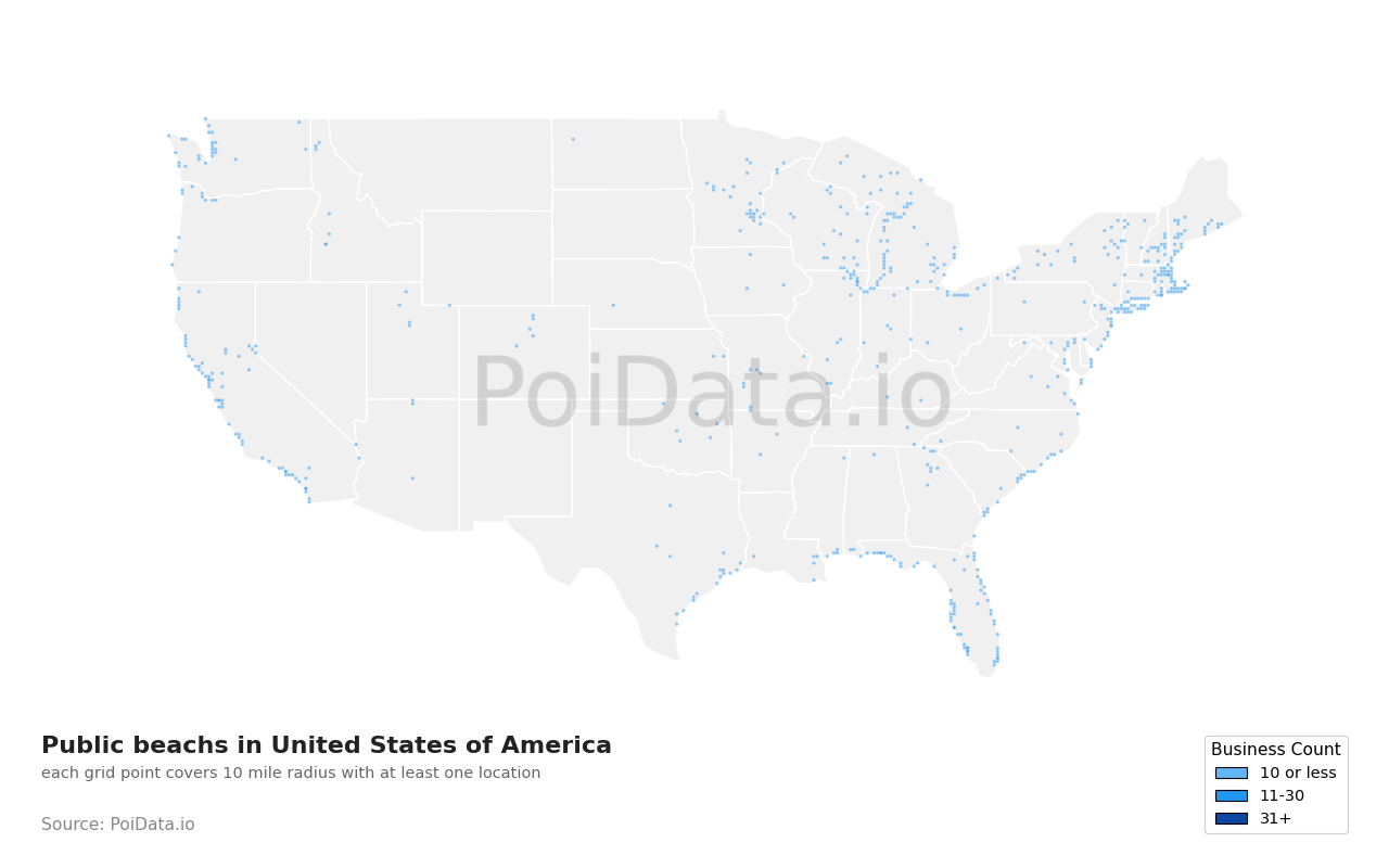Public beach density map for Florida, United States