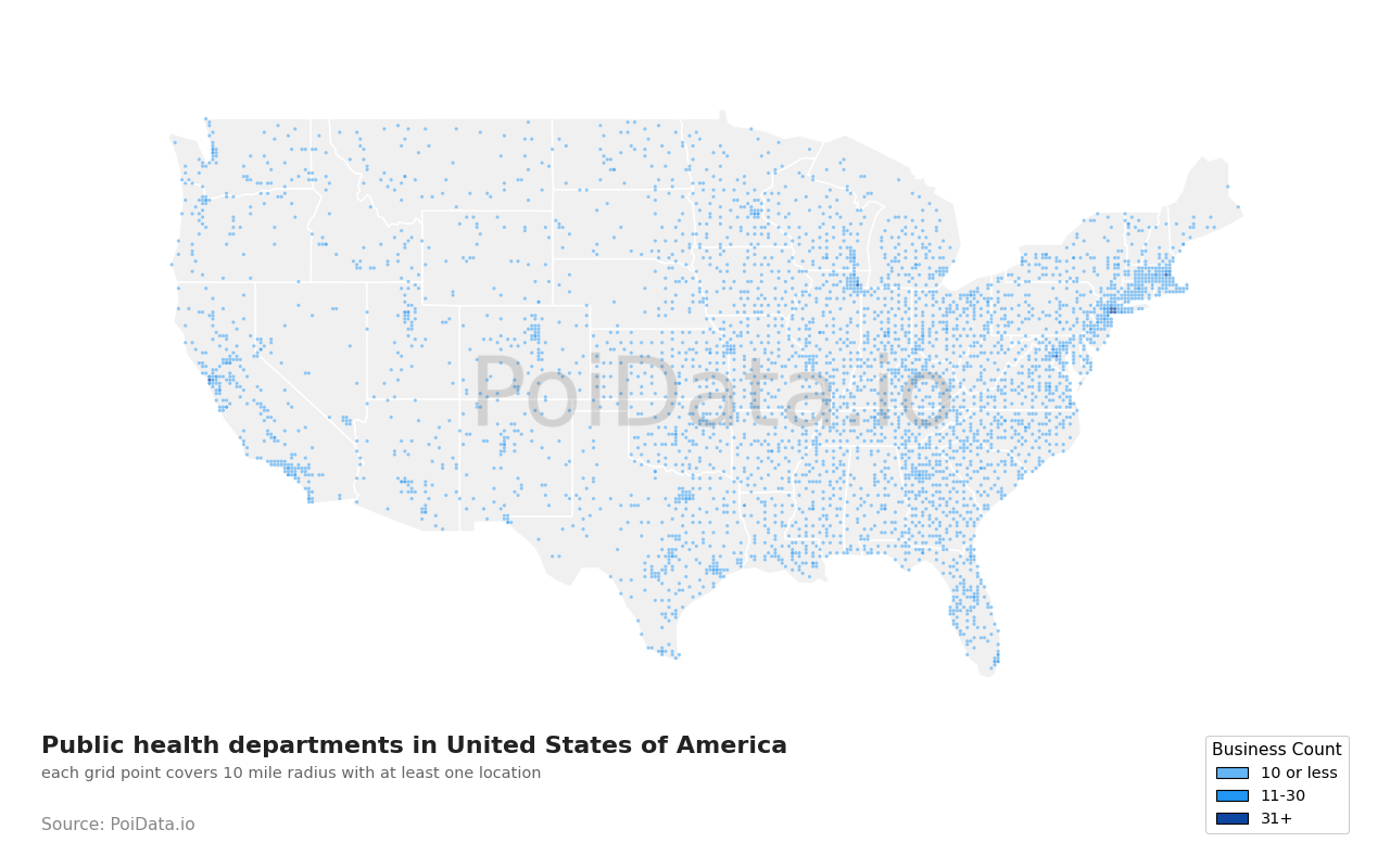 Public health department density map for Texas, United States