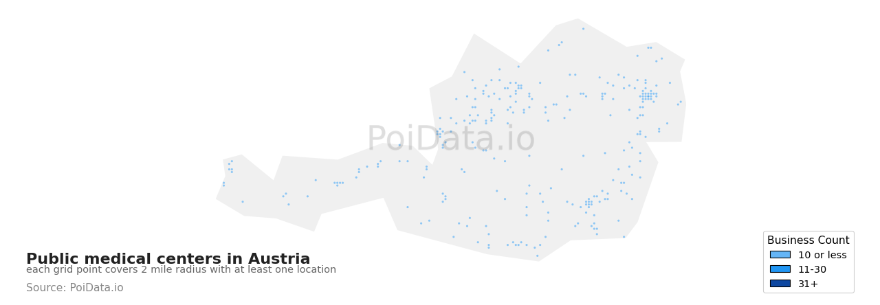 Public medical center density map for Austria