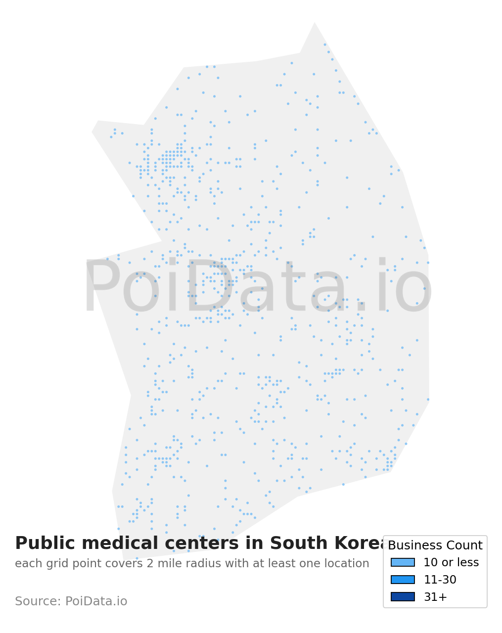 Public medical center density map for South Korea