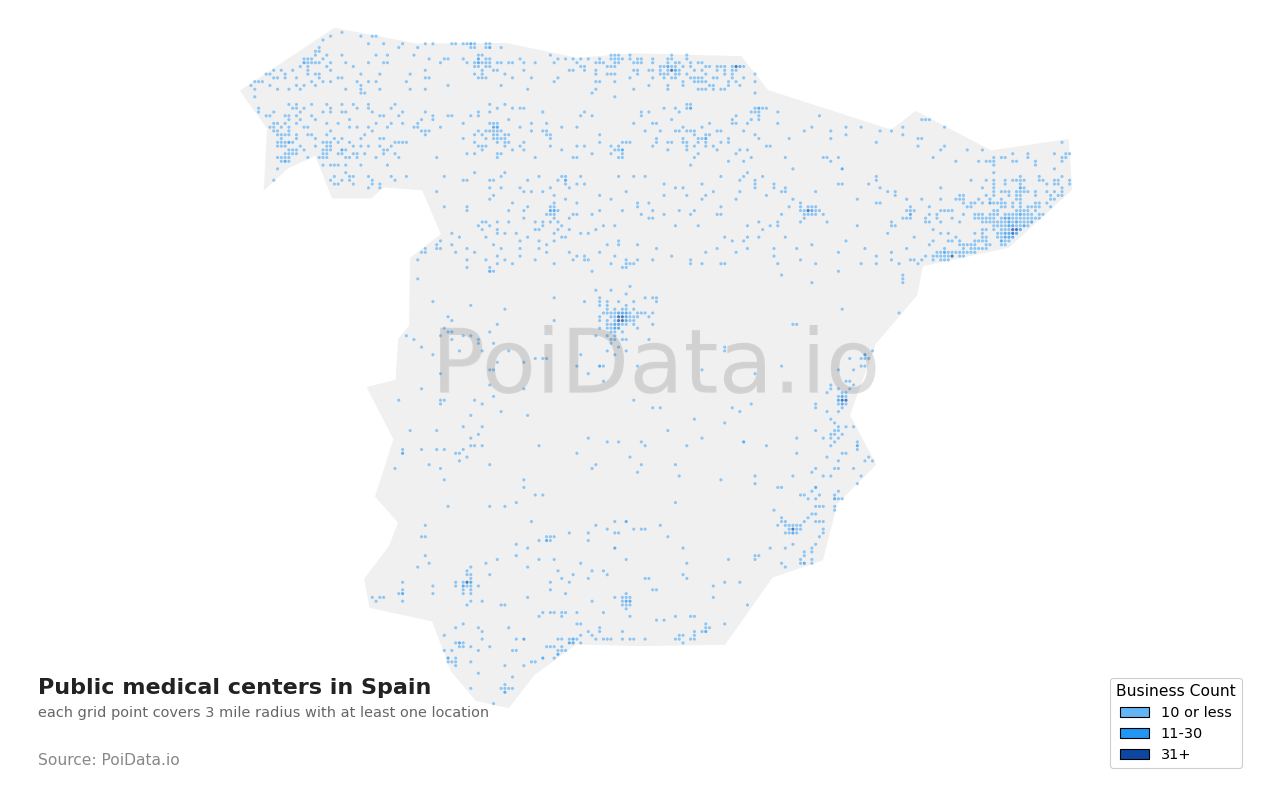 Public medical center density map for Spain