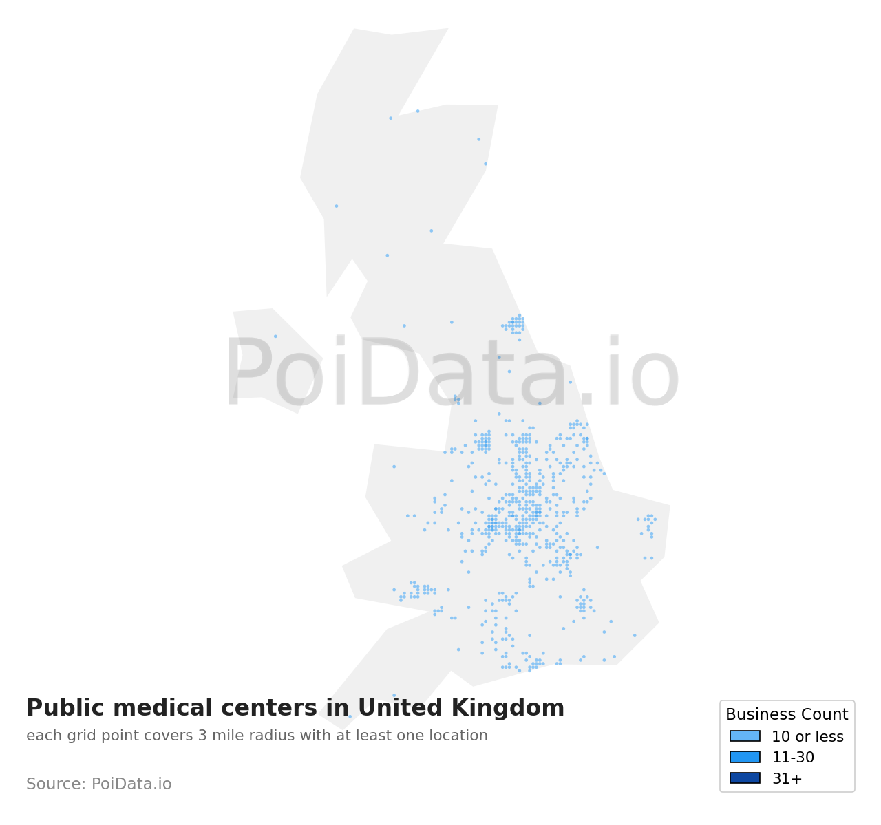 Public medical center density map for United Kingdom