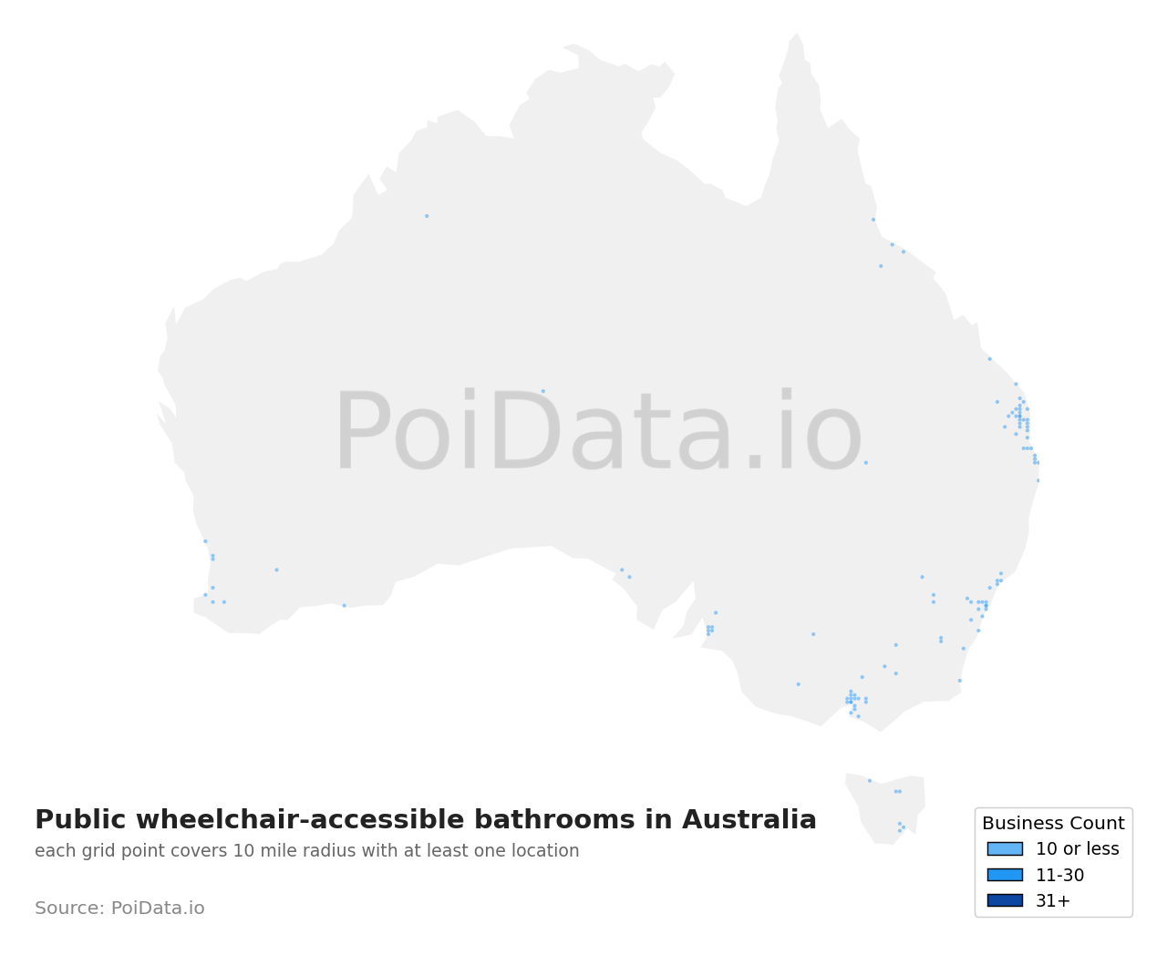 Public wheelchair-accessible bathroom density map for Australia