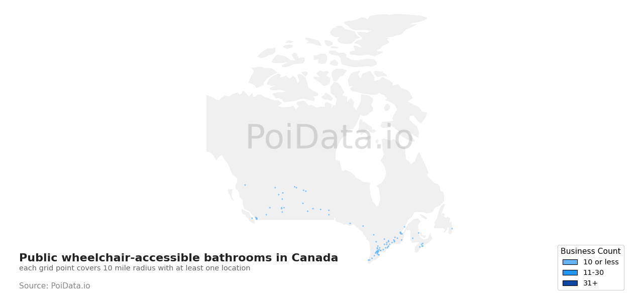 Public wheelchair-accessible bathroom density map for Canada