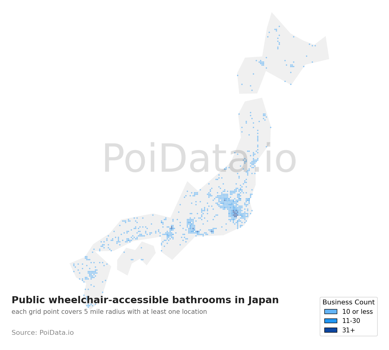 Public wheelchair-accessible bathroom density map for Japan