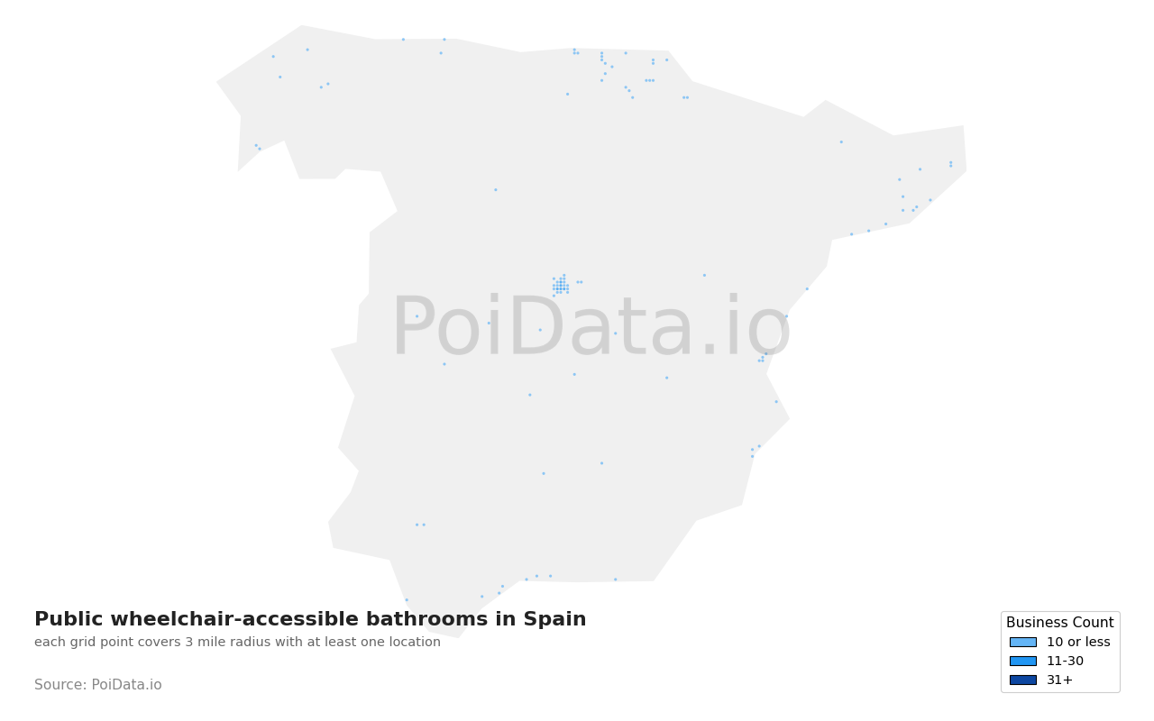 Public wheelchair-accessible bathroom density map for Spain