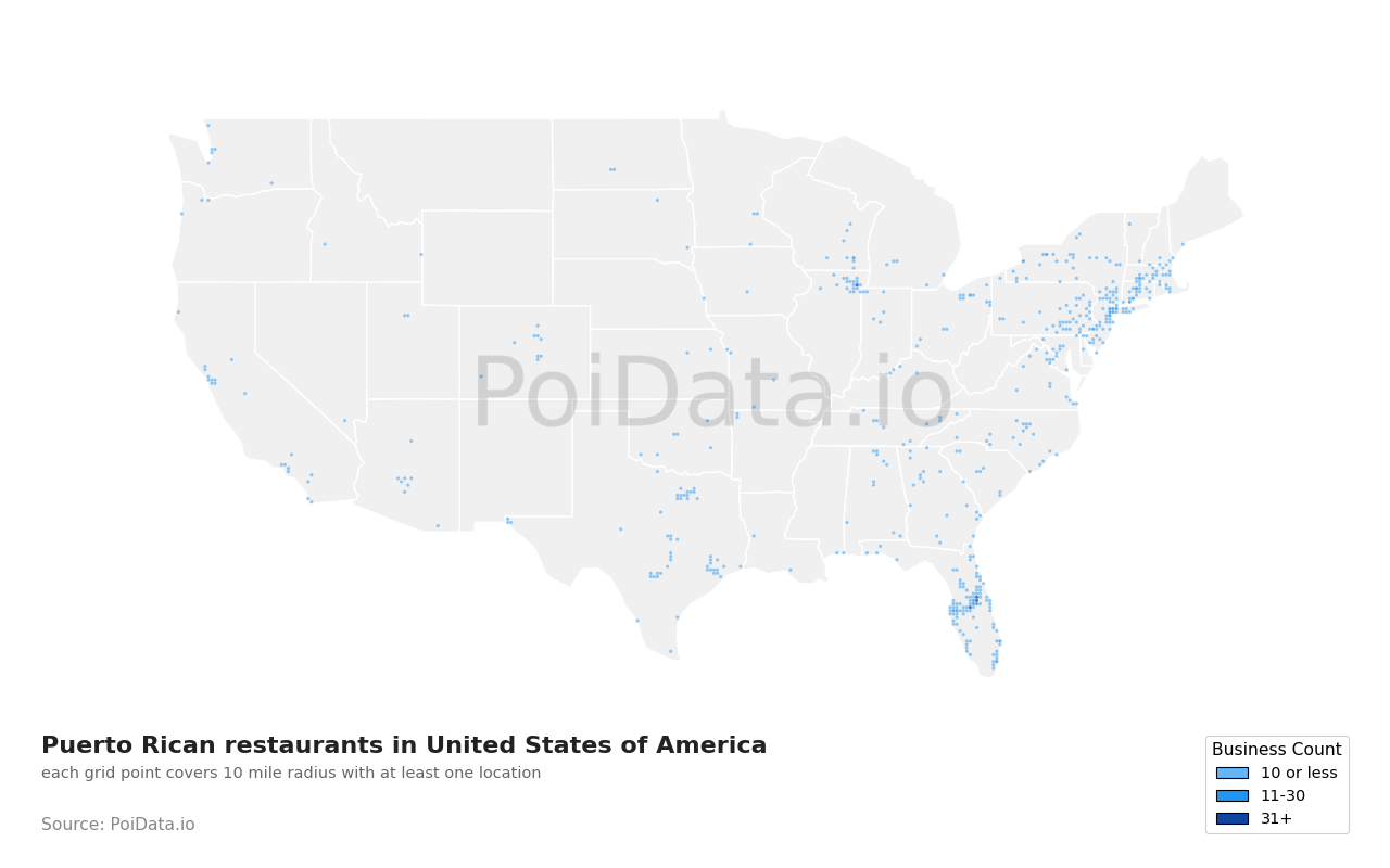 Puerto Rican restaurant density map for New York, United States