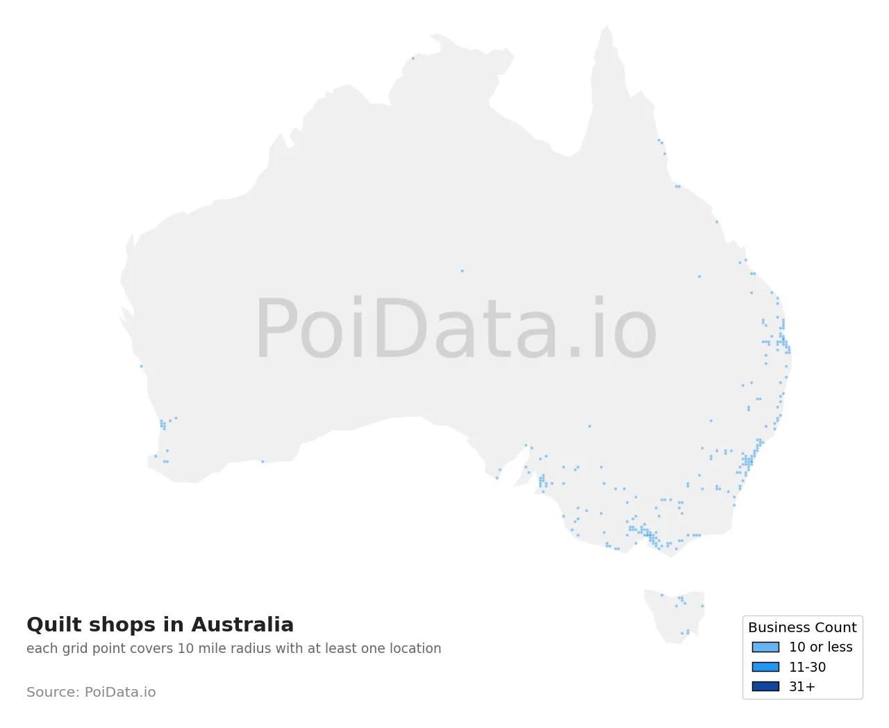 Quilt shop density map for Australia