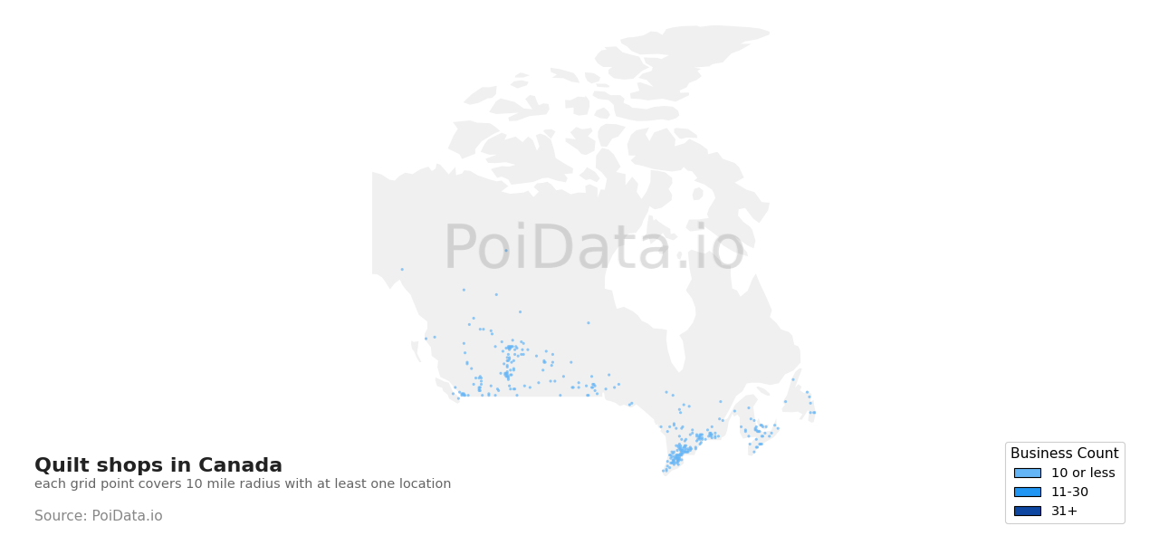 Quilt shop density map for Nova Scotia, Canada