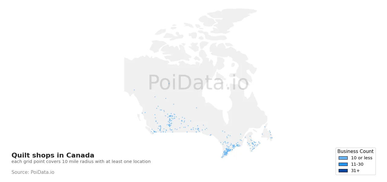 Quilt shop density map for Canada