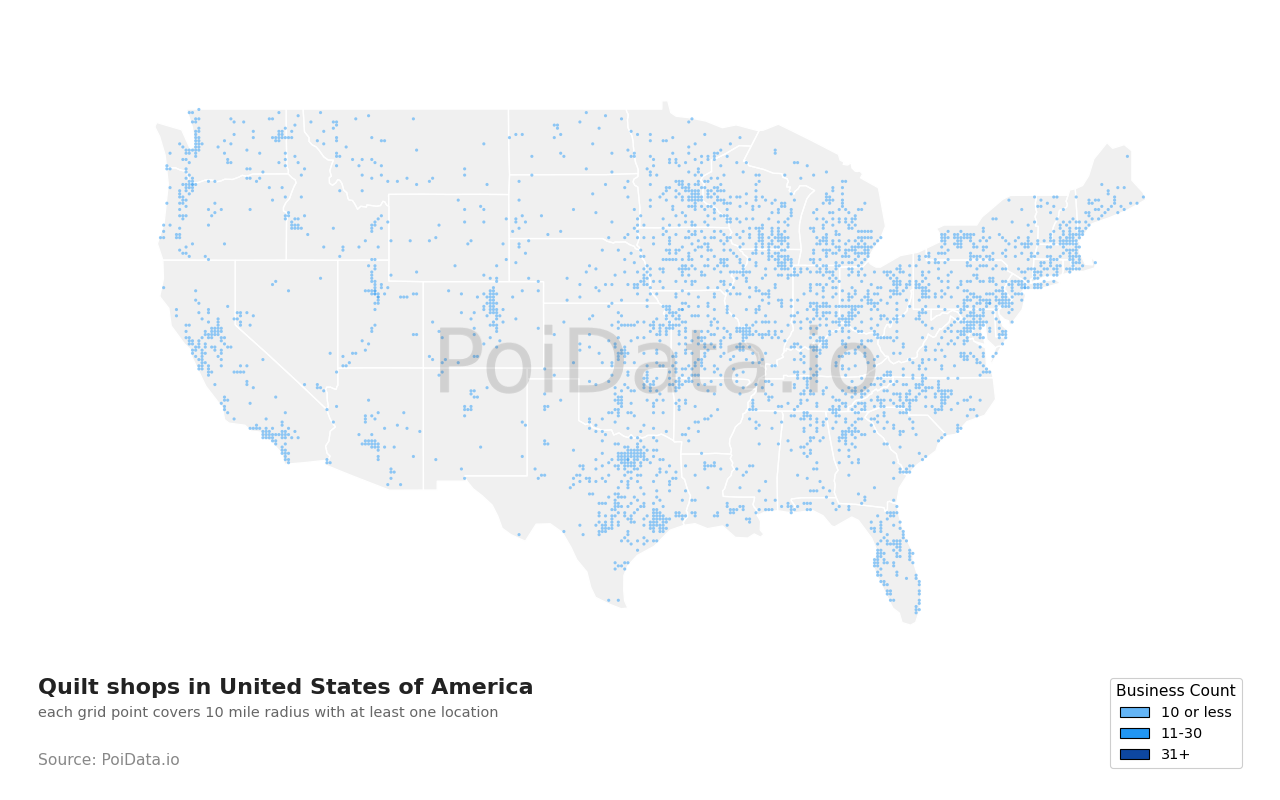 Quilt shop density map for California, United States
