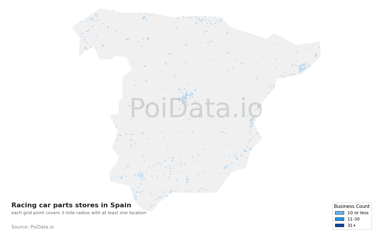 Racing car parts store density map for Spain