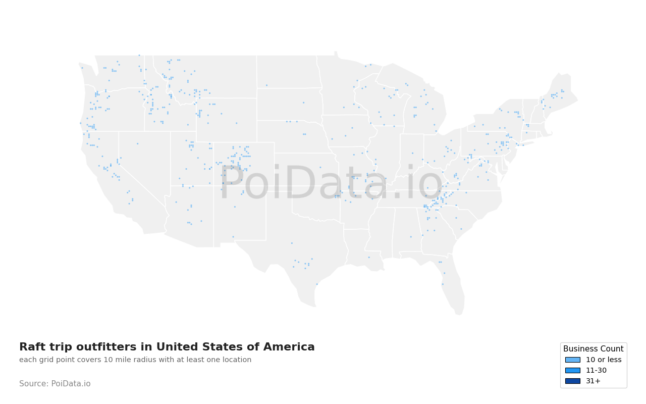 Raft trip outfitter density map for North Carolina, United States