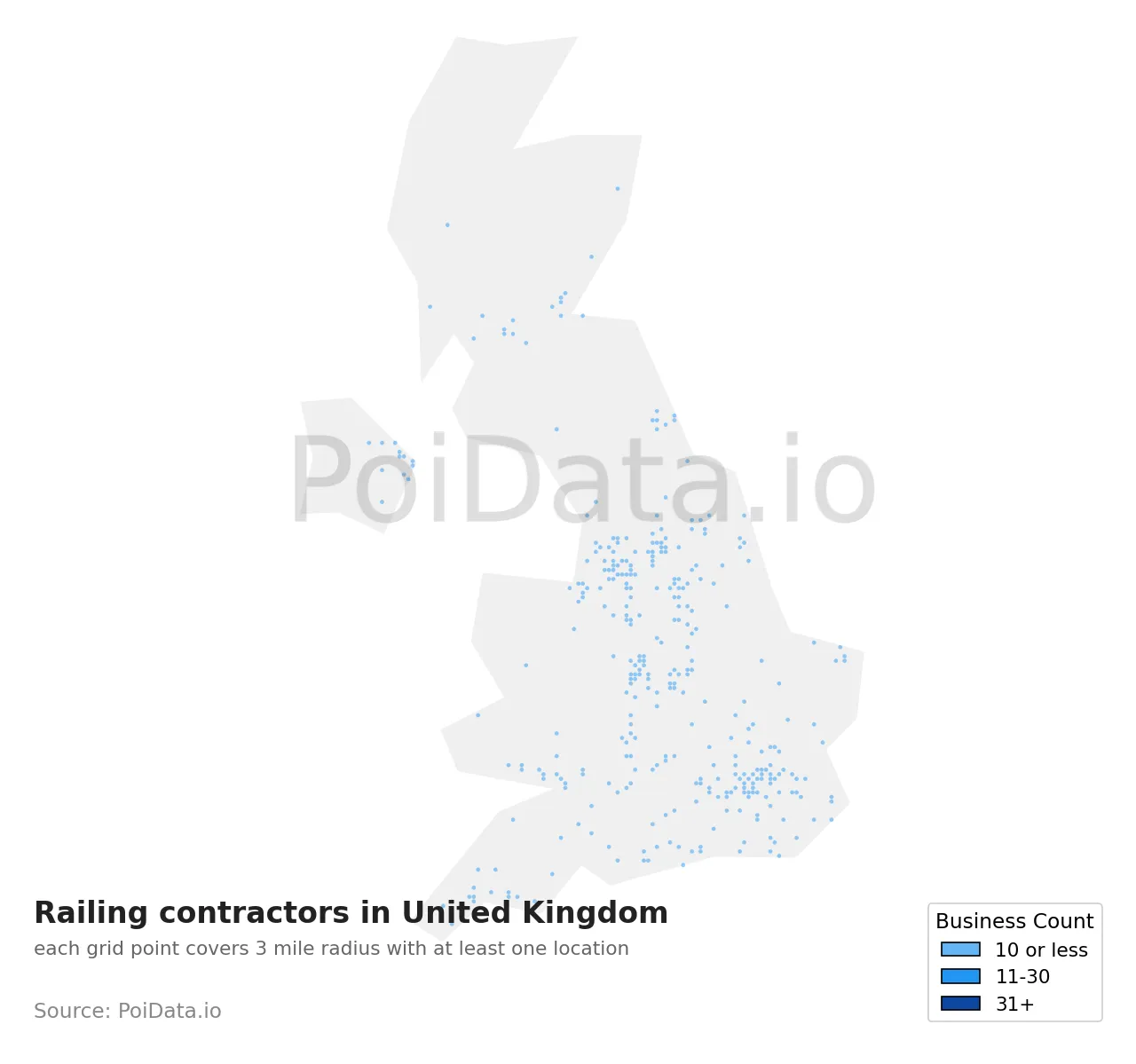 Railing contractor density map for United Kingdom