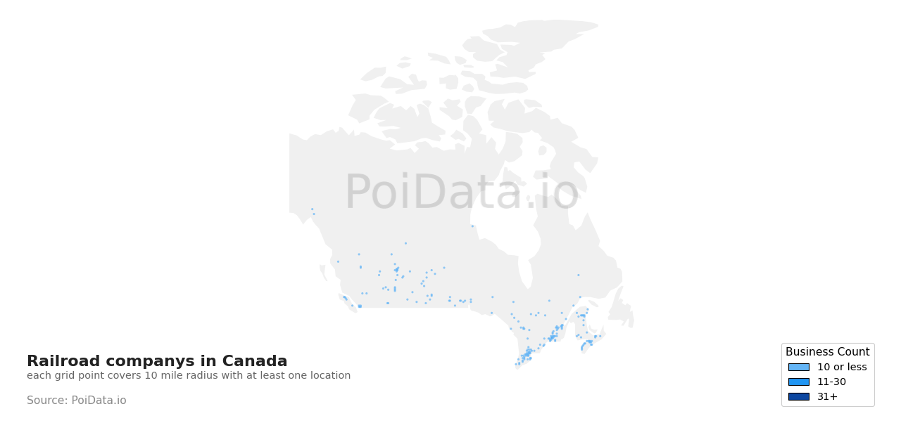 Railroad company density map for Canada