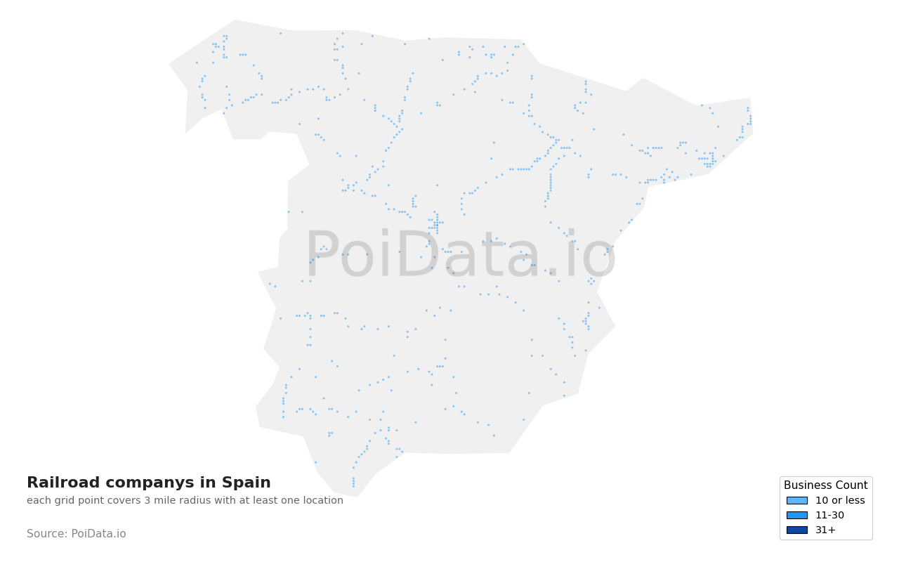 Railroad company density map for Spain