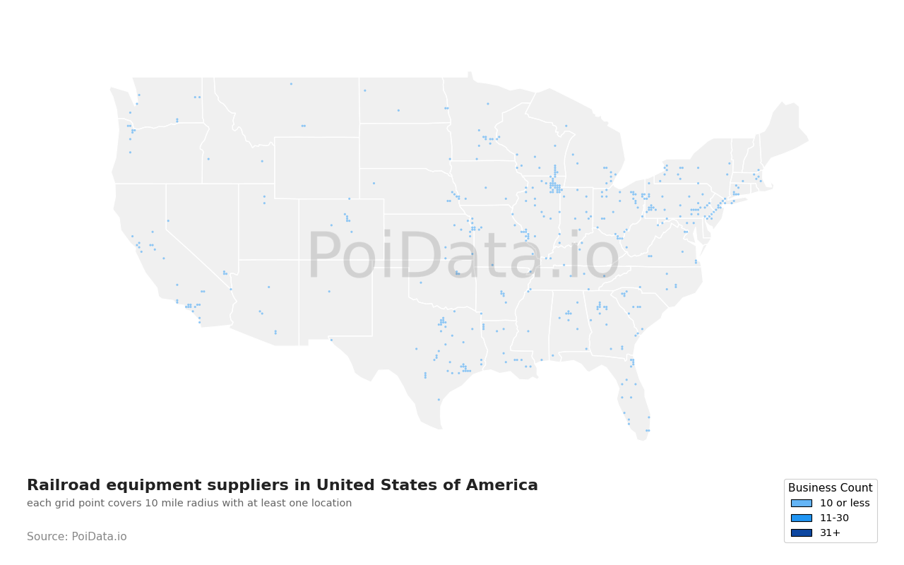 Railroad equipment supplier density map for Alabama, United States