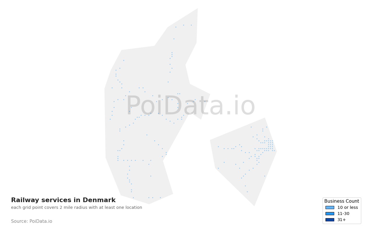 Railway services density map for Denmark
