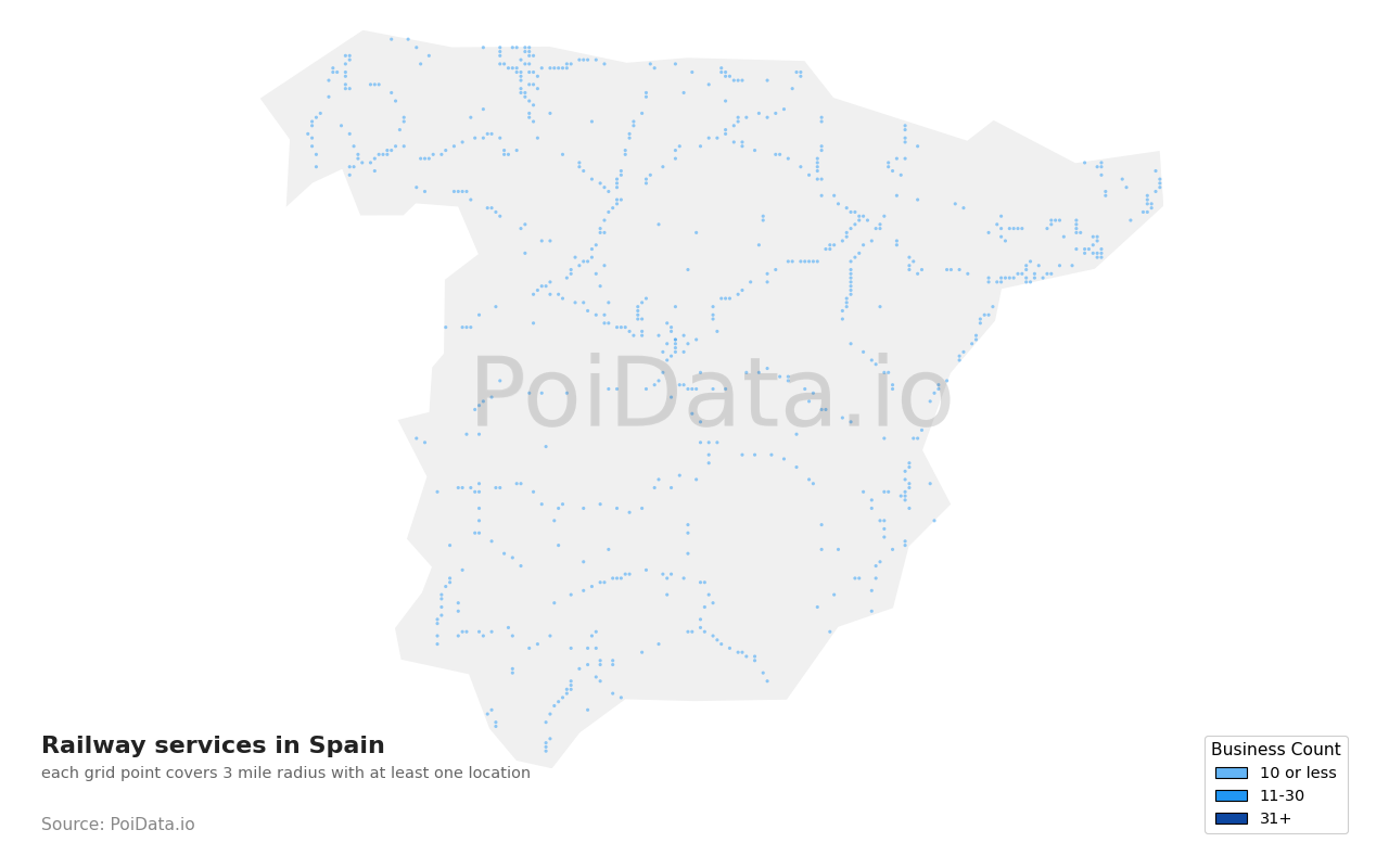 Railway services density map for Spain