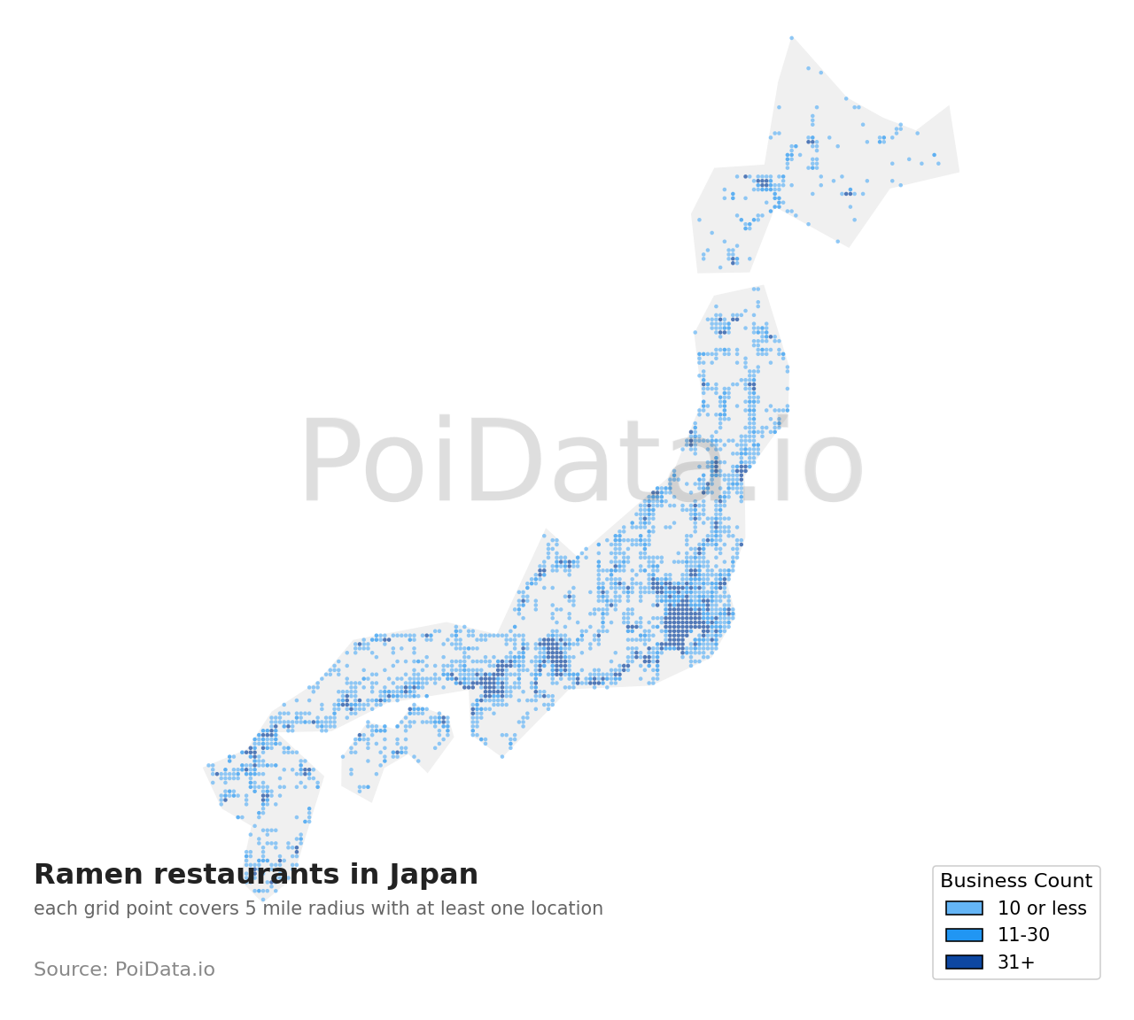 Ramen restaurant density map for Shizuoka, Japan