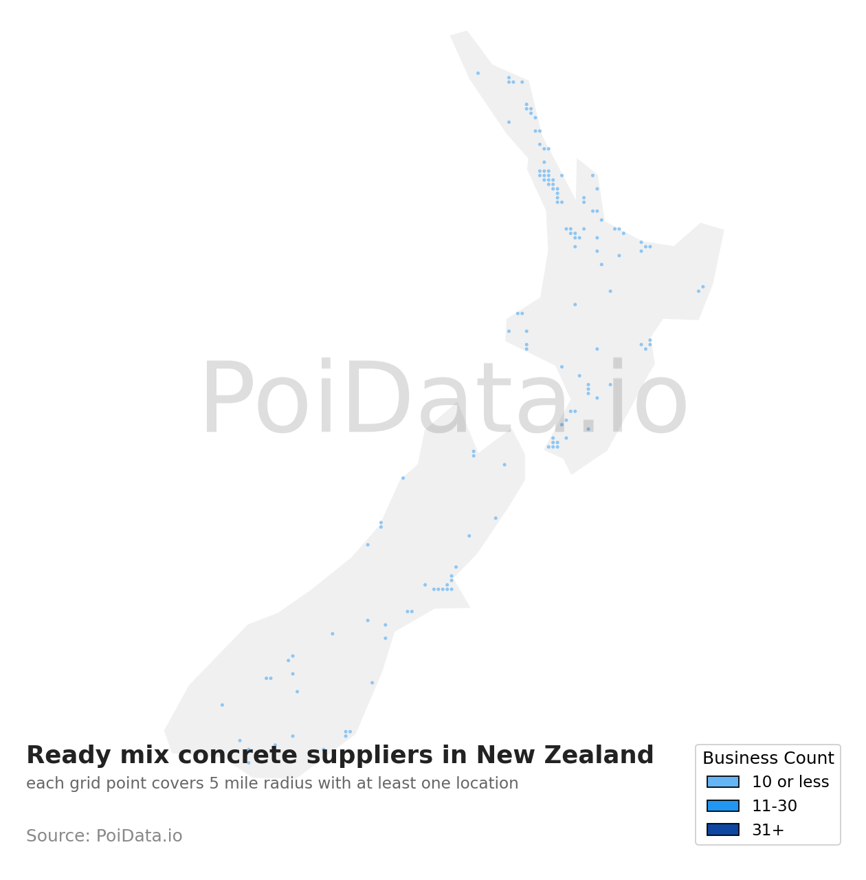 Ready mix concrete supplier density map for New Zealand