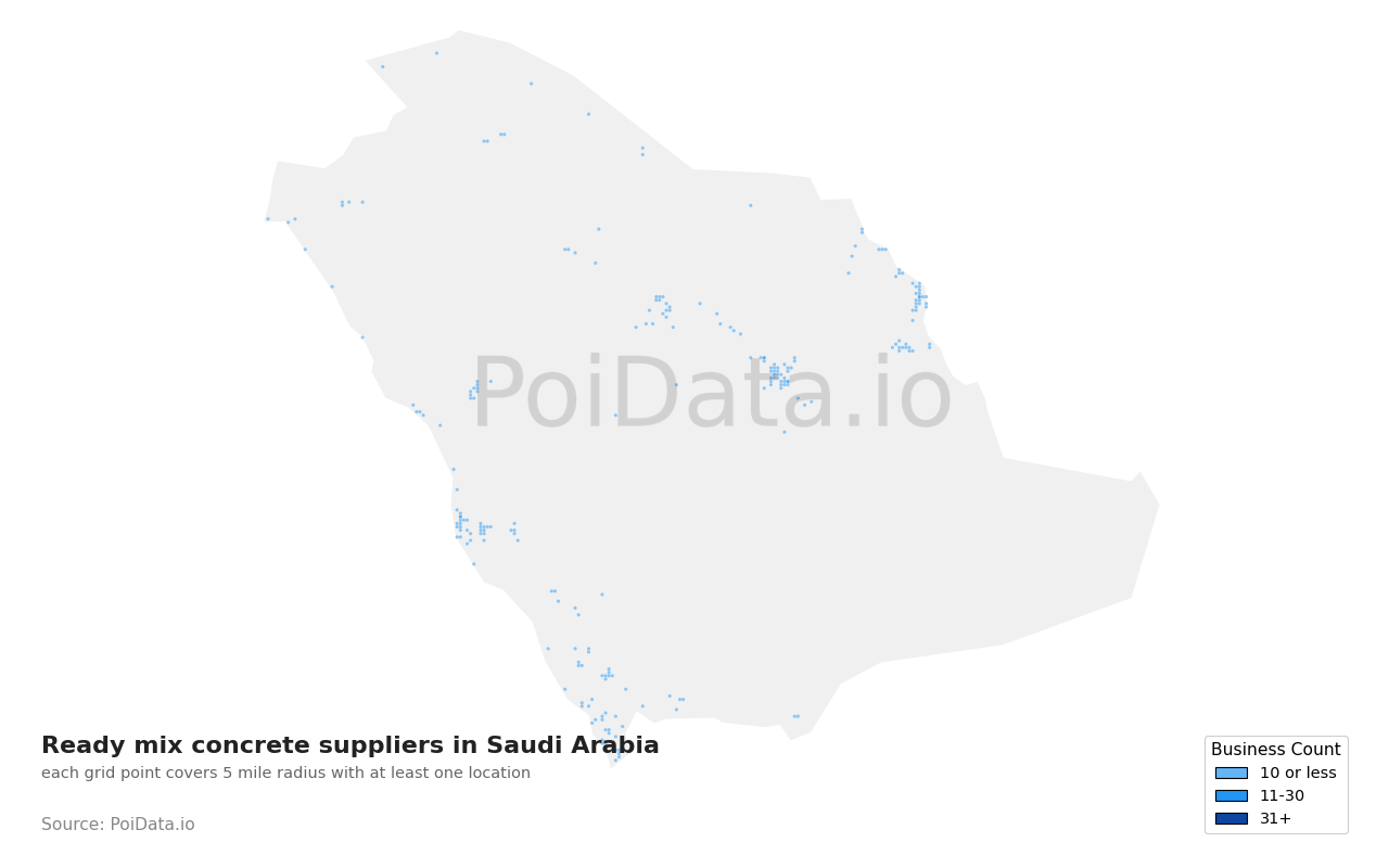 Ready mix concrete supplier density map for Saudi Arabia
