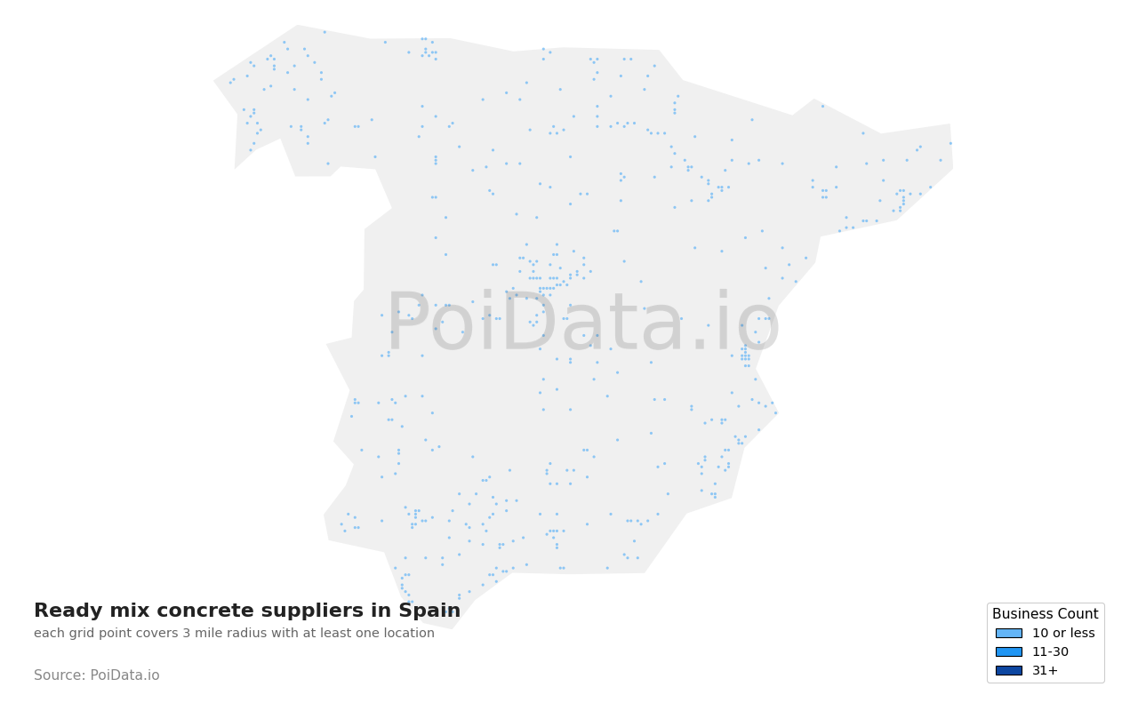Ready mix concrete supplier density map for Spain