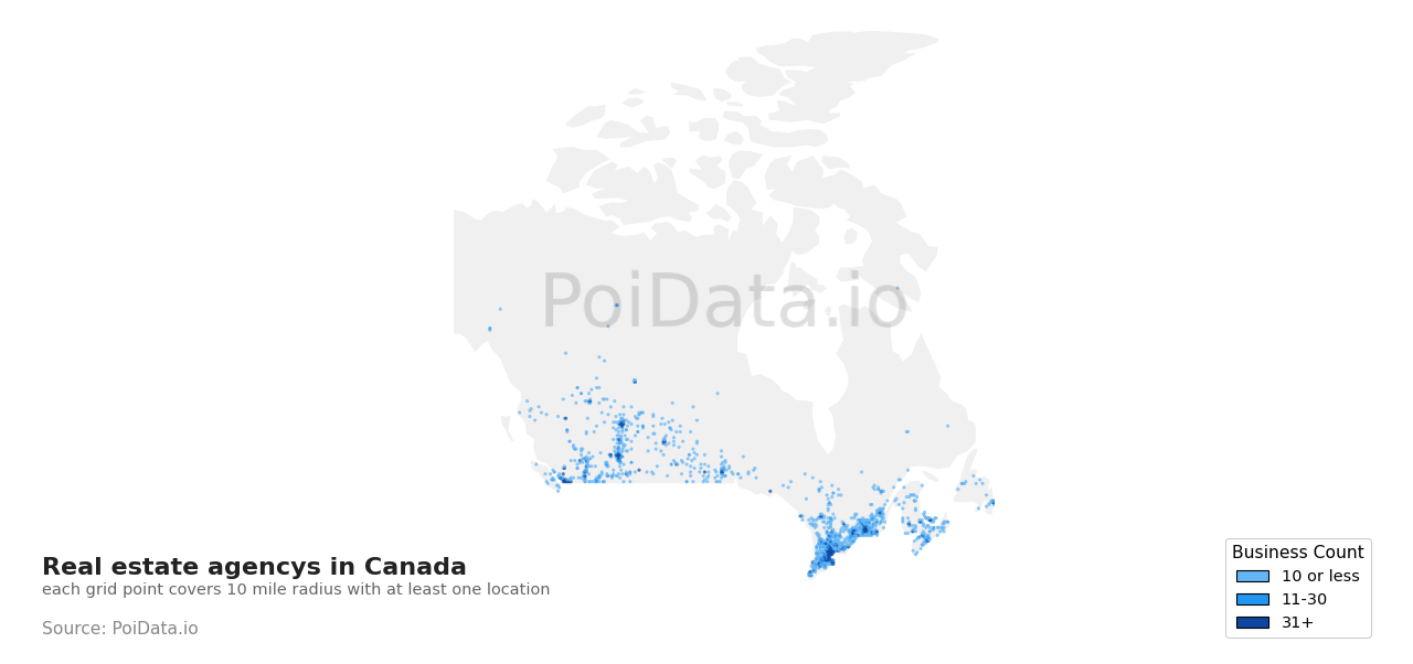 Real estate agency density map for Canada