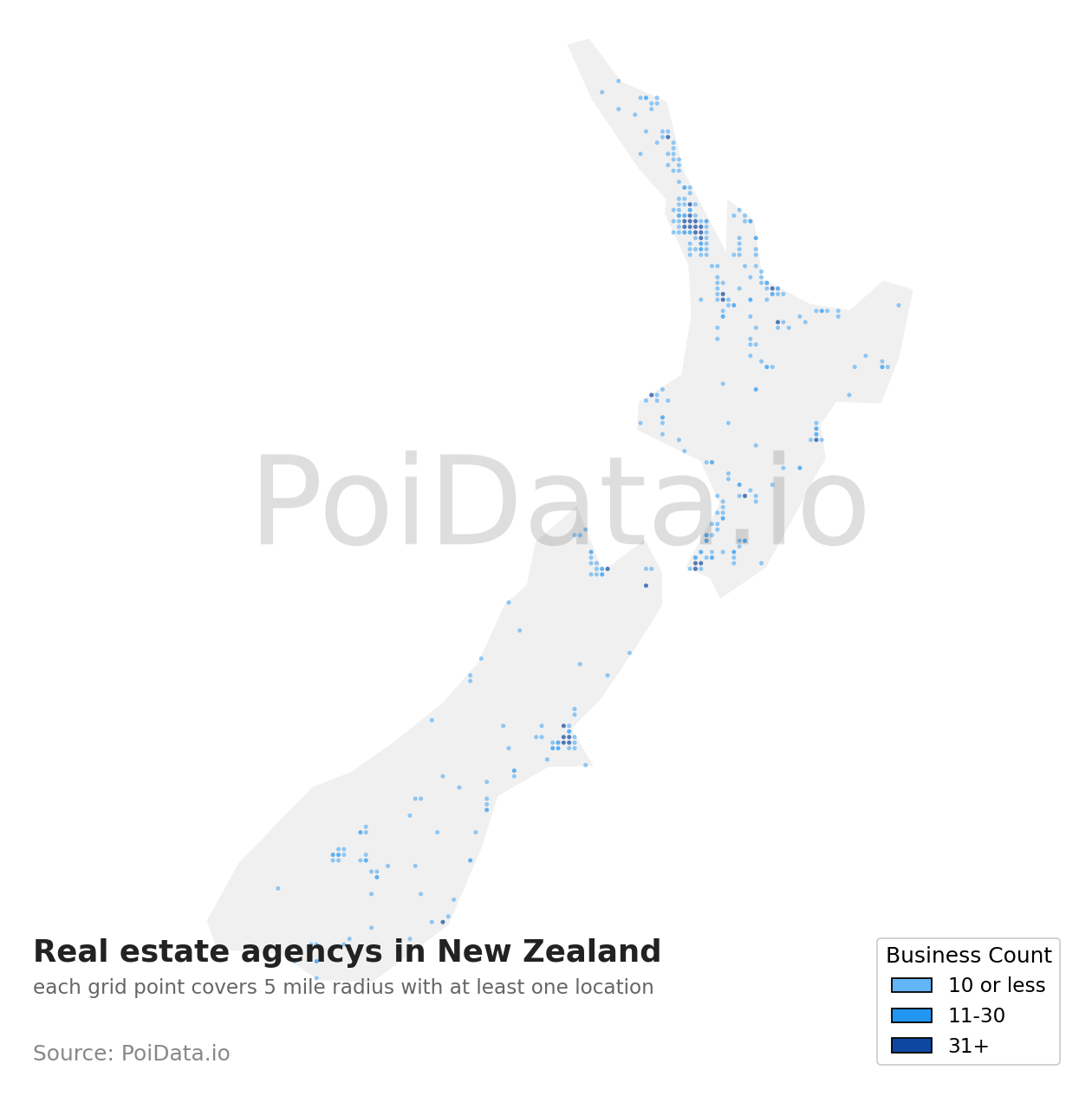 Real estate agency density map for New Zealand