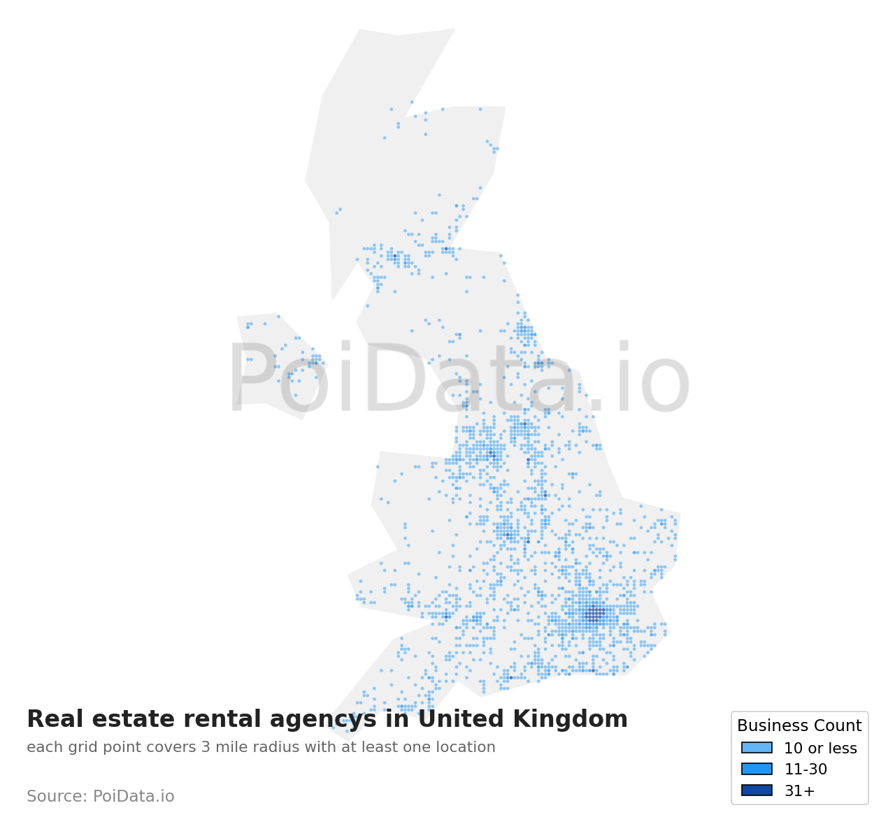 Real estate rental agency density map for United Kingdom