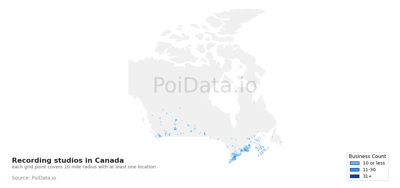 Recording studio density map for Canada