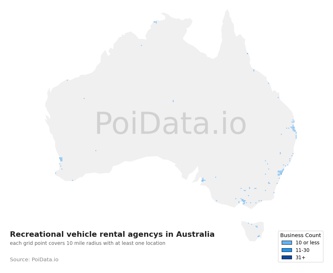 Recreational vehicle rental agency density map for Australia