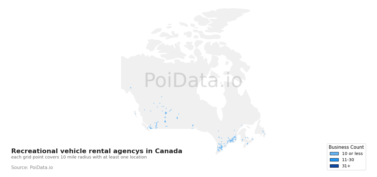 Recreational vehicle rental agency density map for British Columbia, Canada