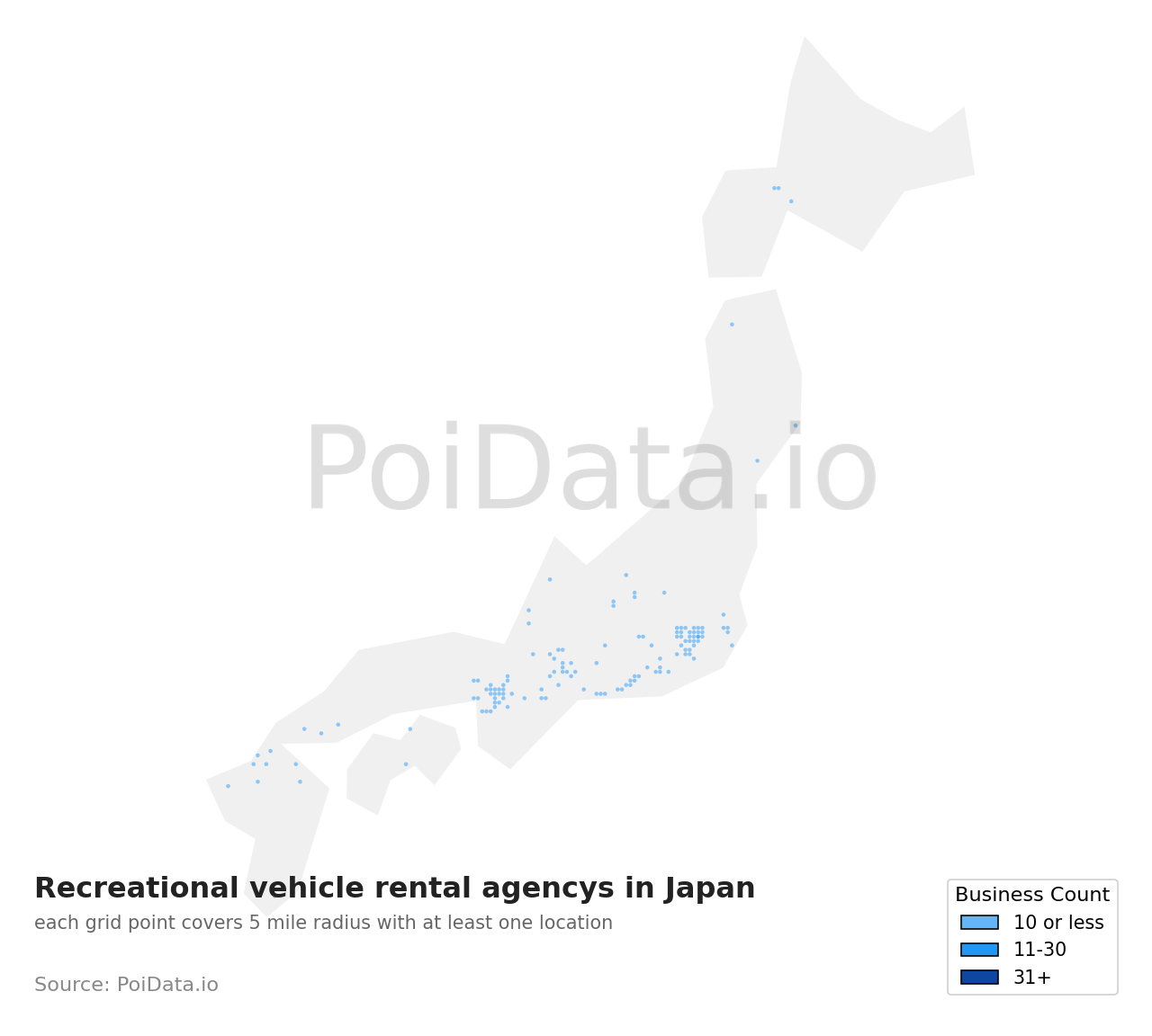 Recreational vehicle rental agency density map for Japan