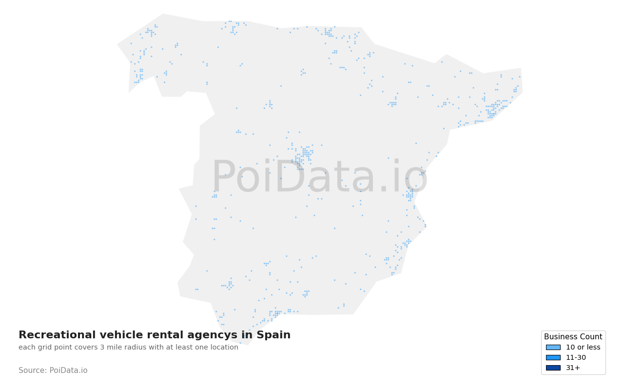 Recreational vehicle rental agency density map for Spain