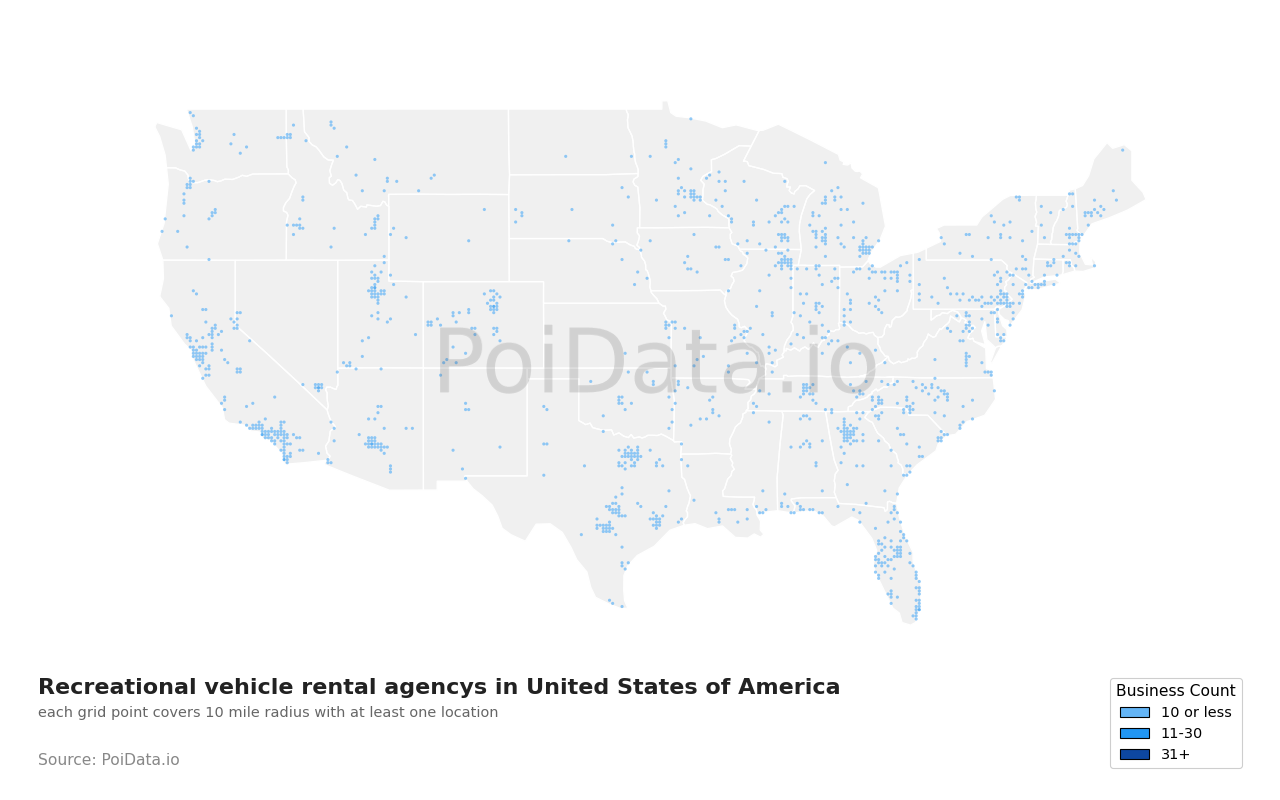 Recreational vehicle rental agency density map for United States