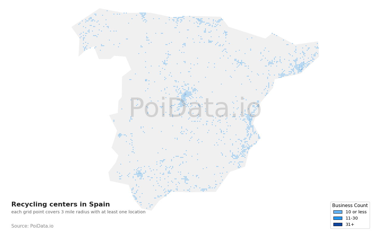 Recycling center density map for Spain