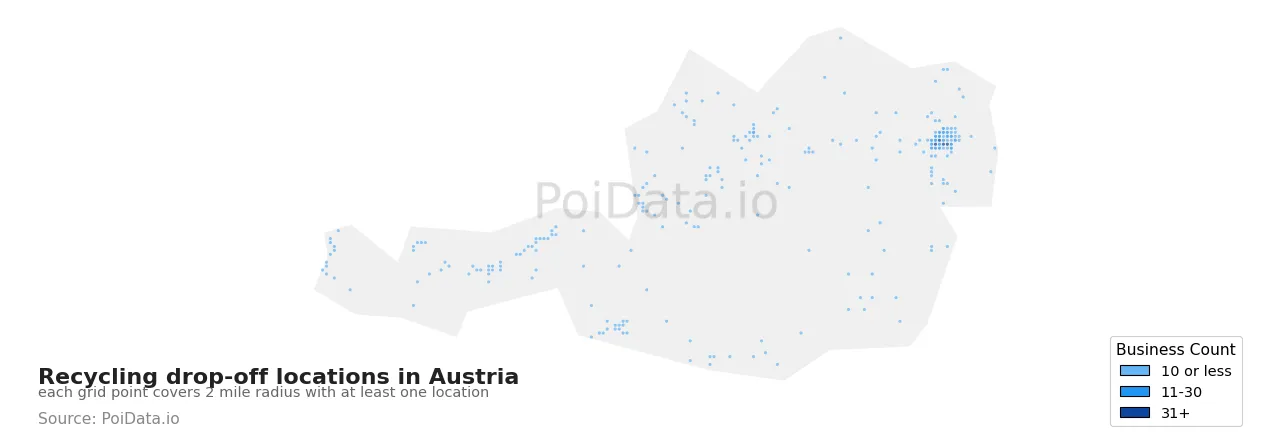 Recycling drop-off location density map for Austria