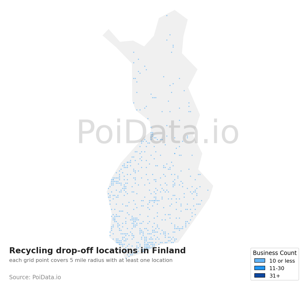 Recycling drop-off location density map for Finland