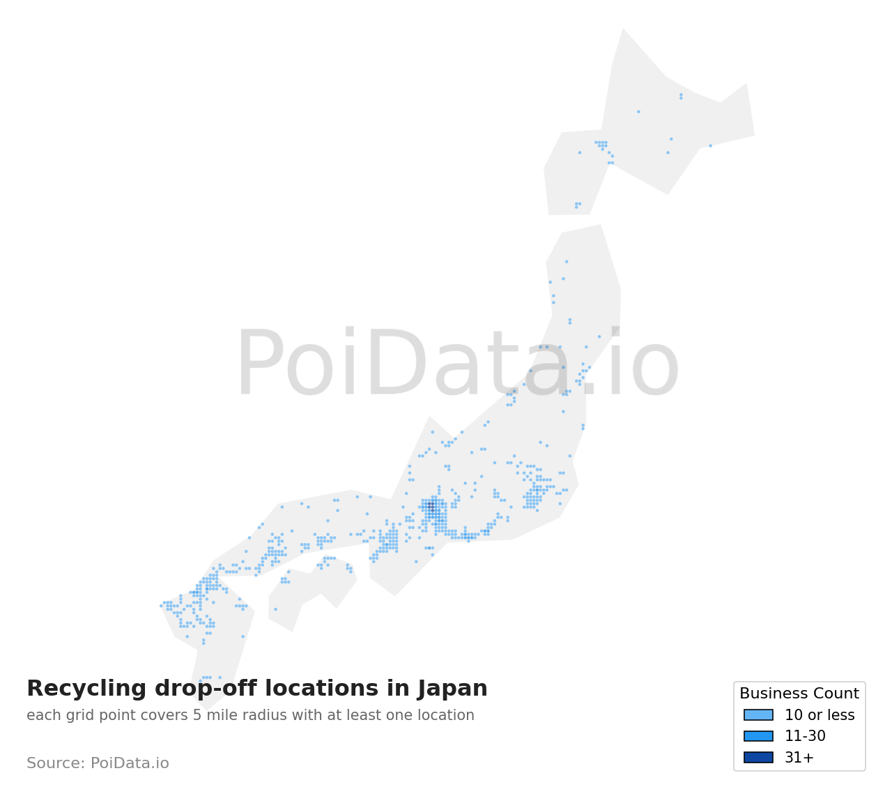 Recycling drop-off location density map for Japan