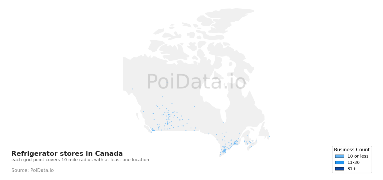 Refrigerator store density map for Quebec, Canada