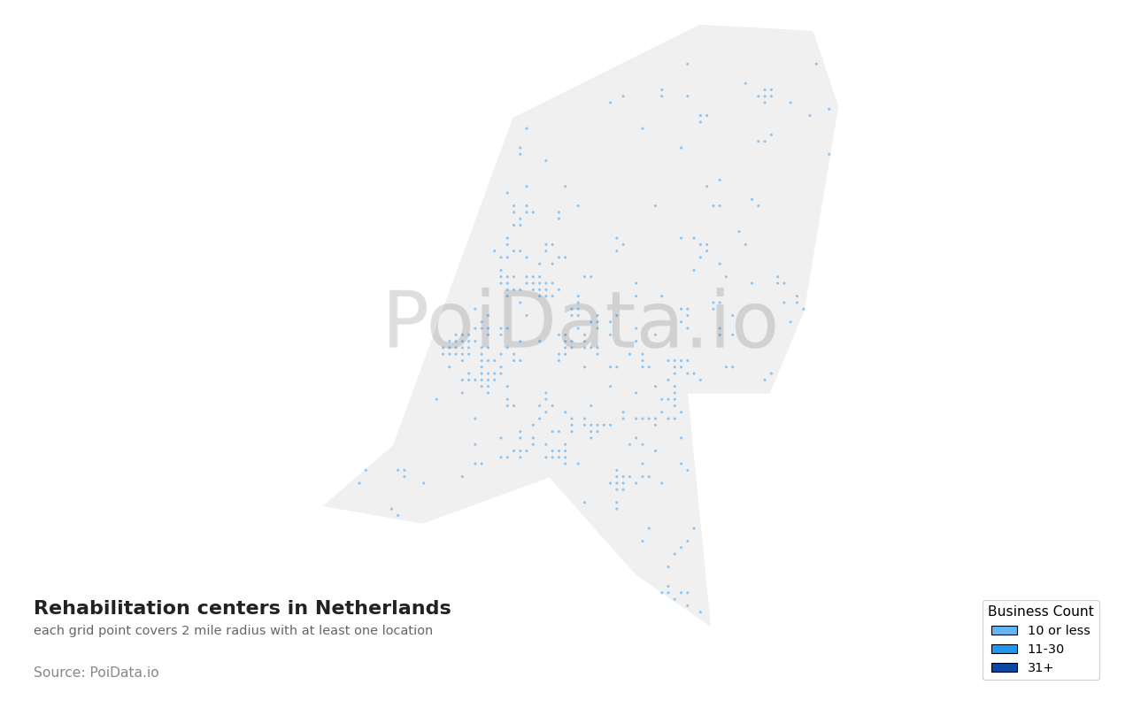 Rehabilitation center density map for Netherlands