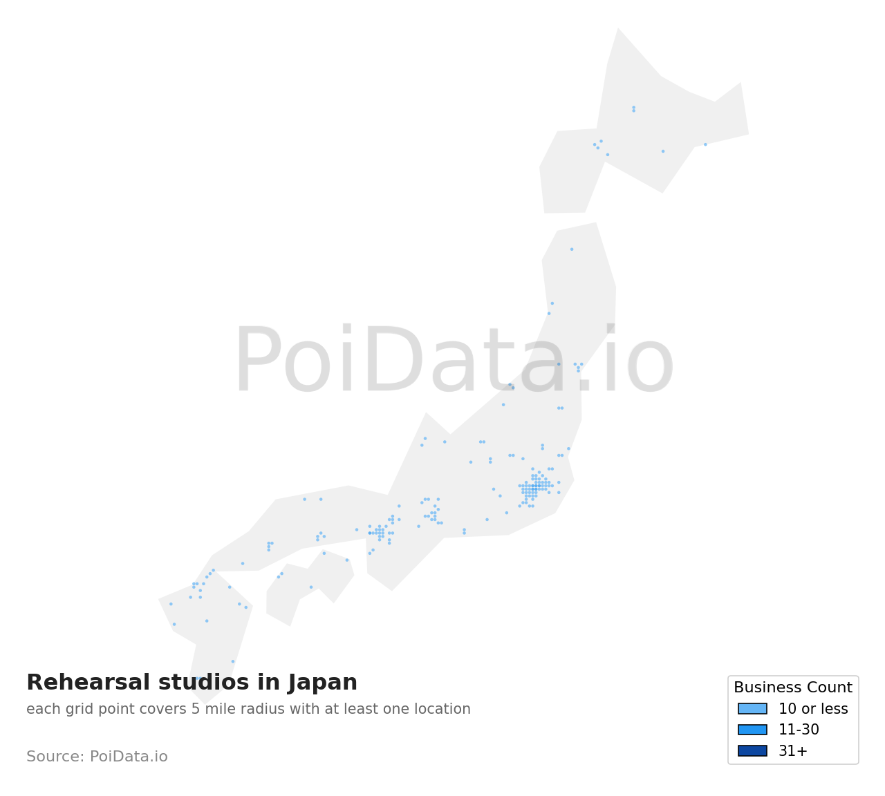Rehearsal studio density map for Osaka, Japan