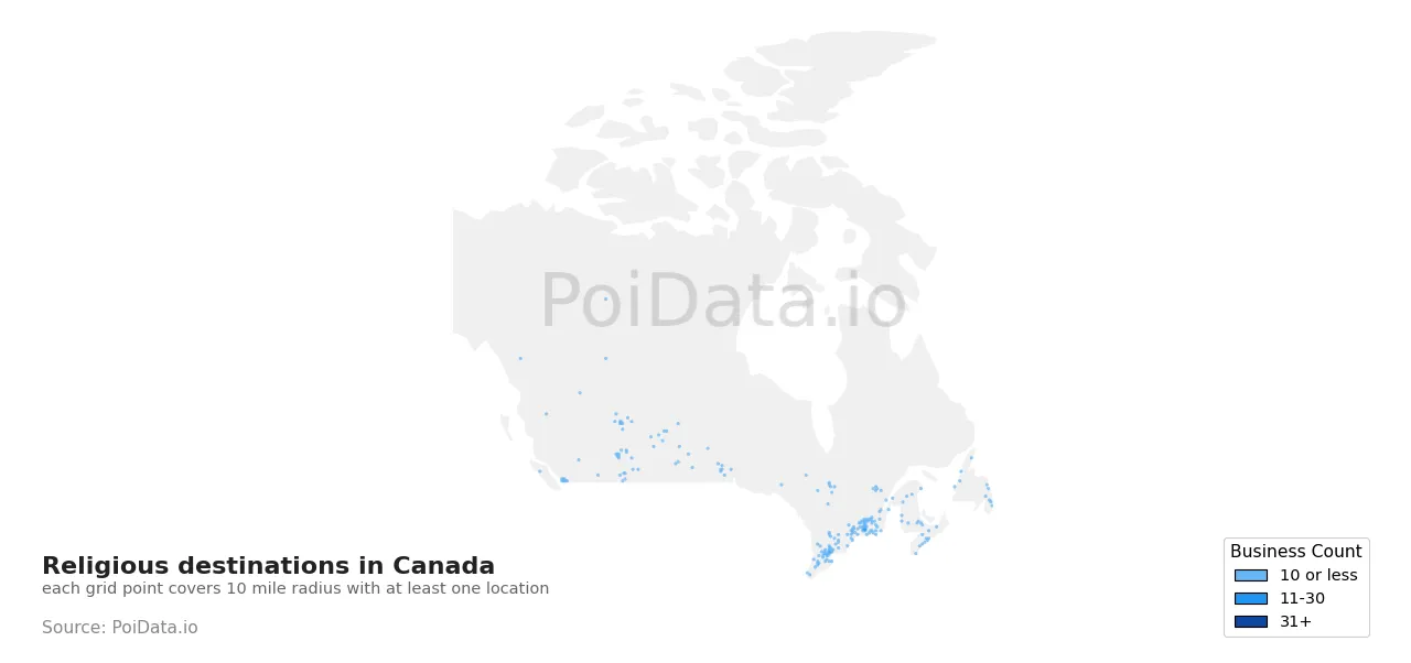 Religious destination density map for Canada