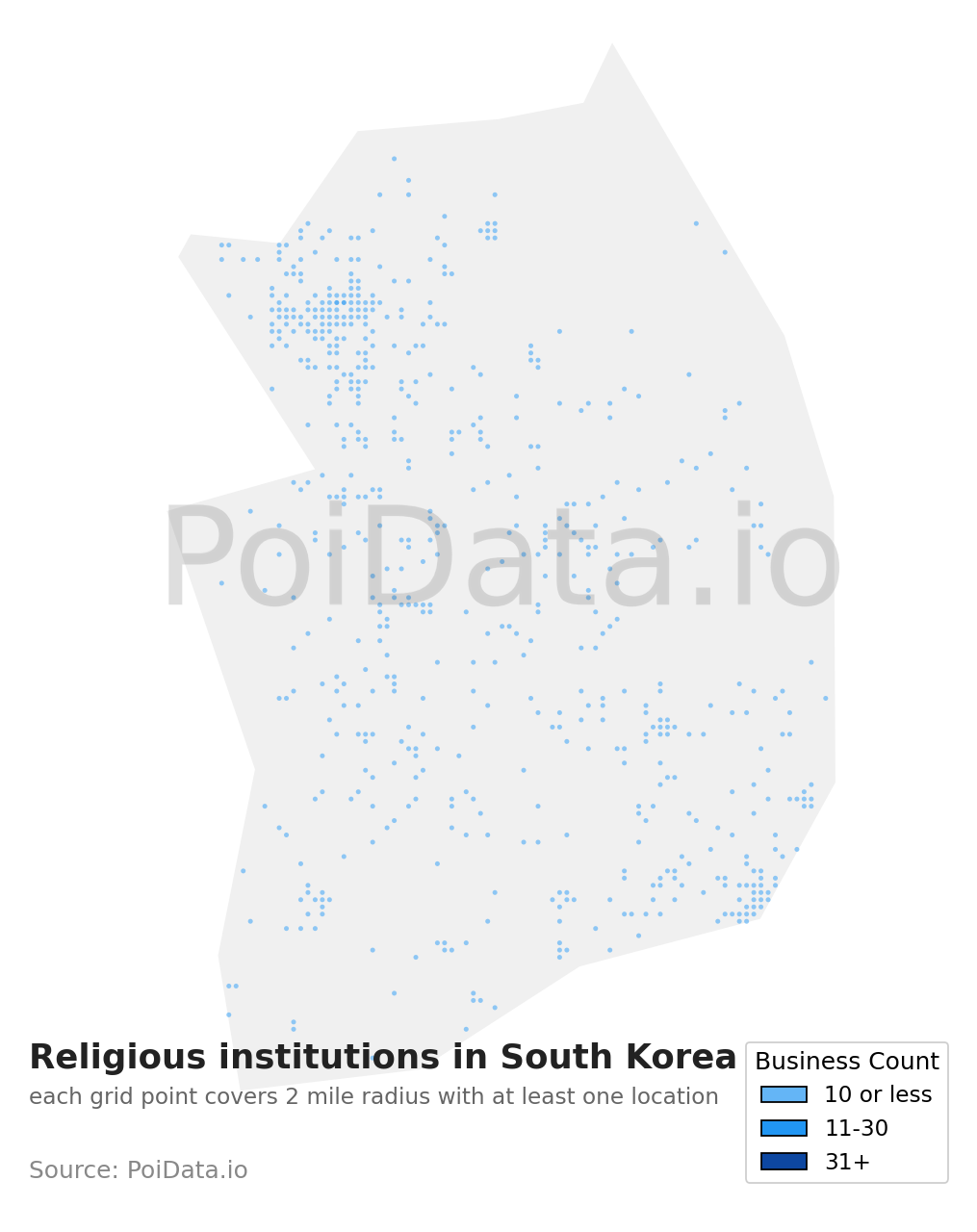 Religious institution density map for South Korea