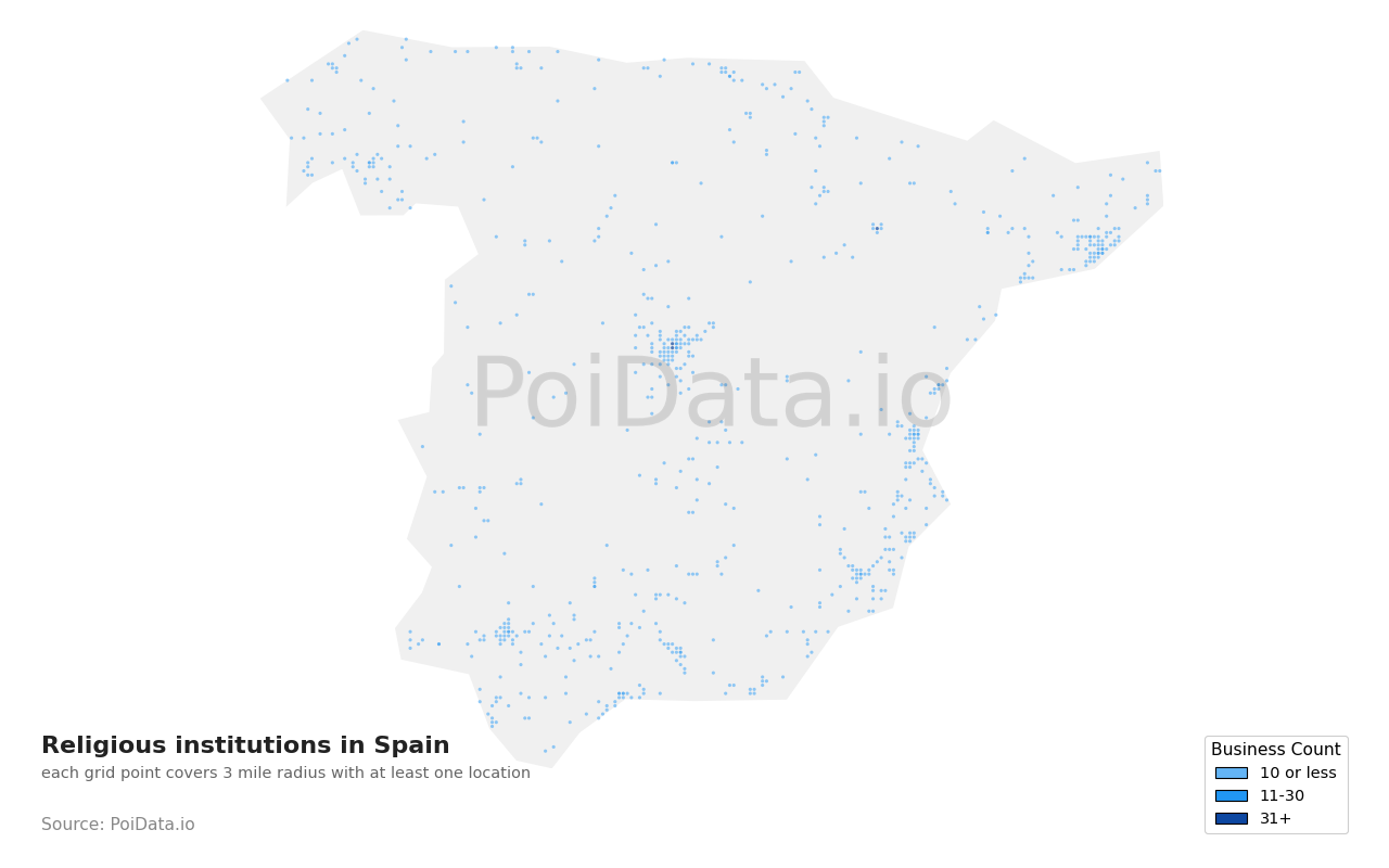 Religious institution density map for Spain
