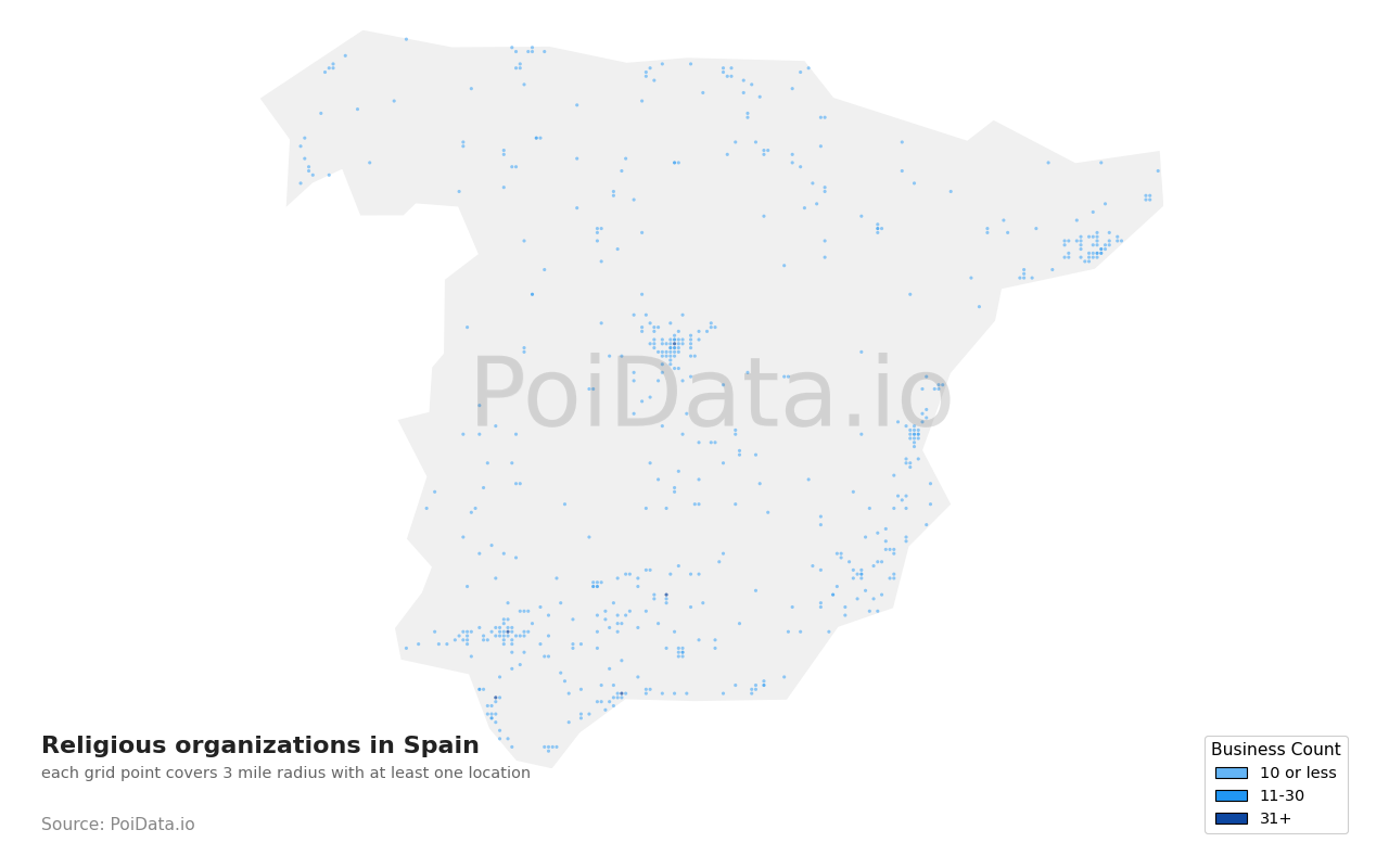 Religious organization density map for Spain