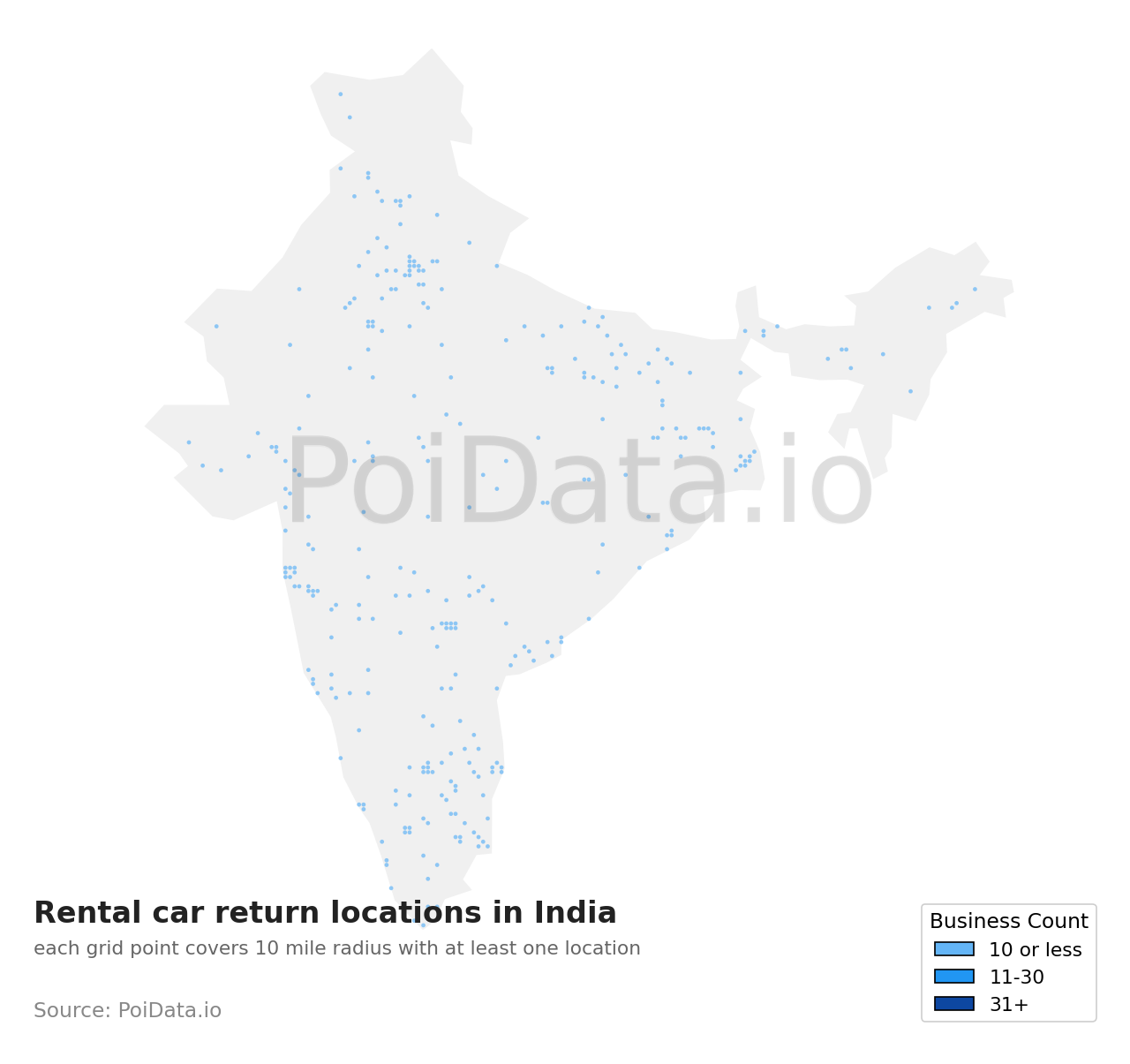 Rental car return location density map for India