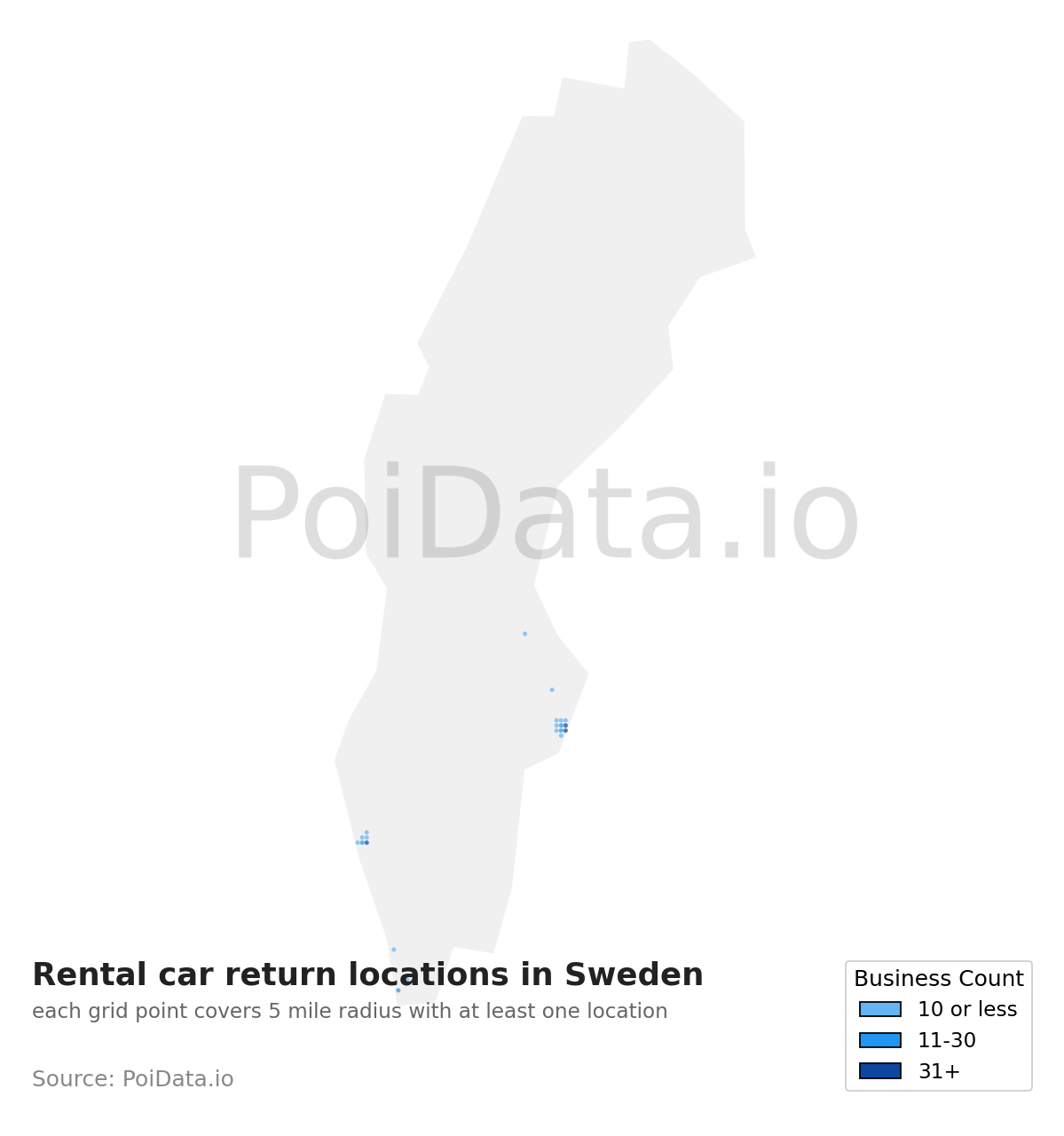 Rental car return location density map for Sweden