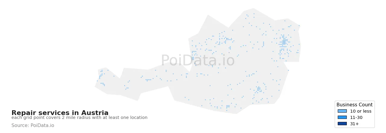 Repair service density map for Austria